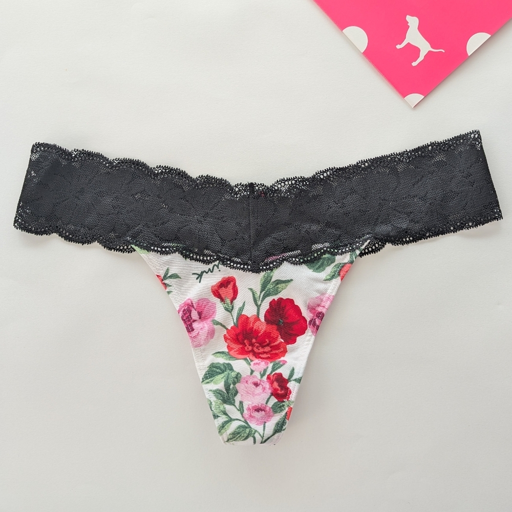 PINK Victoria's Secret Black Lace Floral Thong Panty New nwt Medium Red Rose